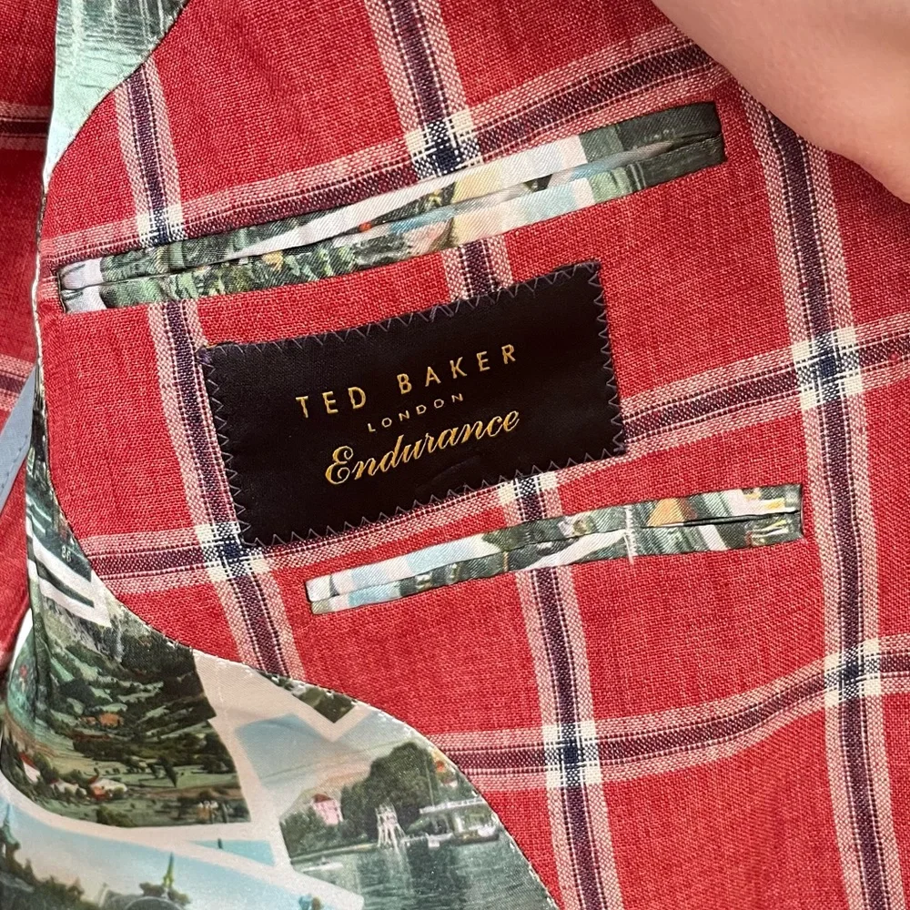 Ted Baker Endurance Linen Windowpane Check Plaid Linen Blazer Red Size 40R - Picture 11 of 13